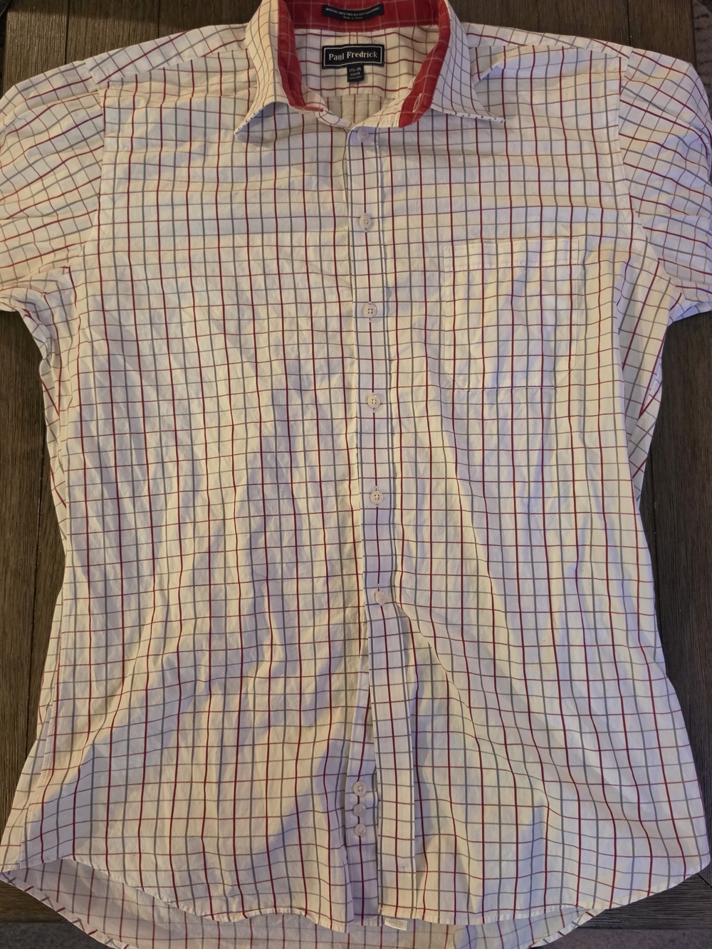 Paul Fredrick Men's White Button-Up Shirt with Red Checkered Pattern